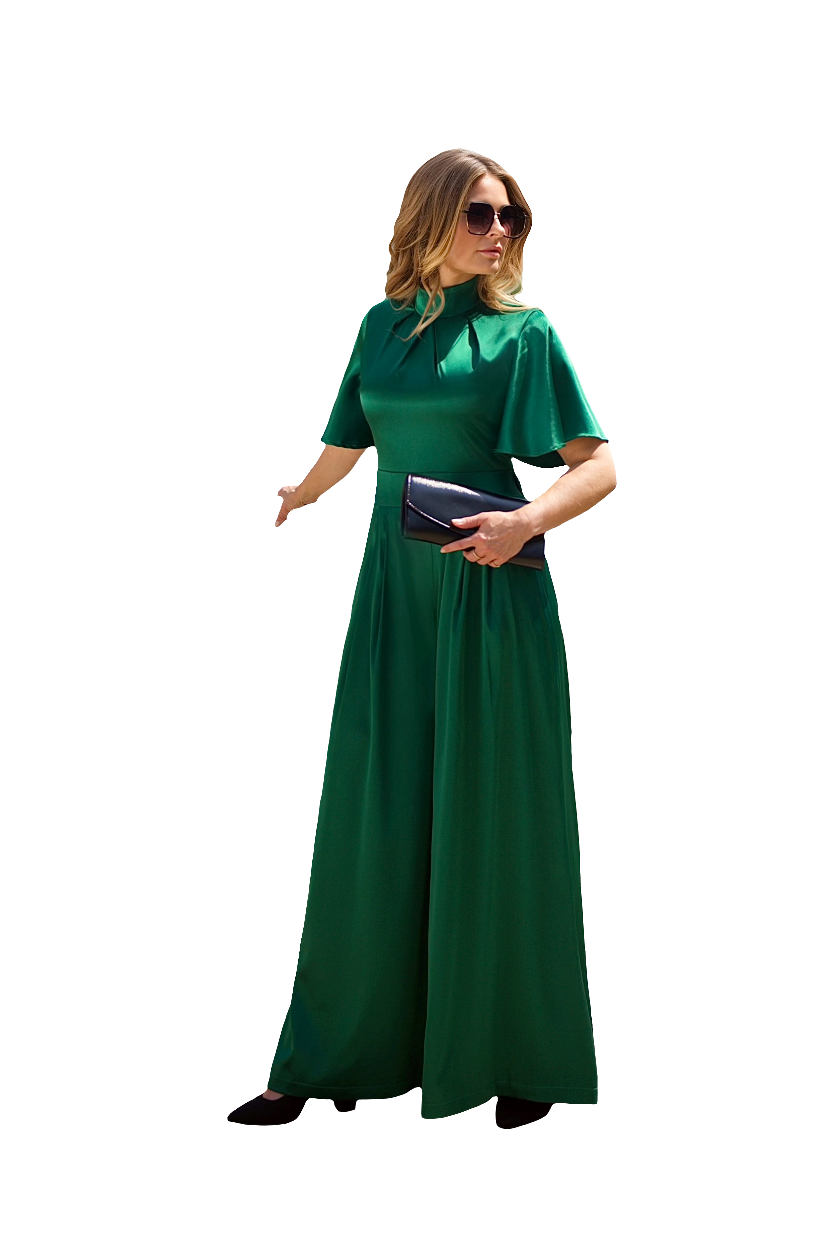 AUDREY (STRONG) BASIL GREEN SATIN JUMPSUIT W. WIDE LEGS