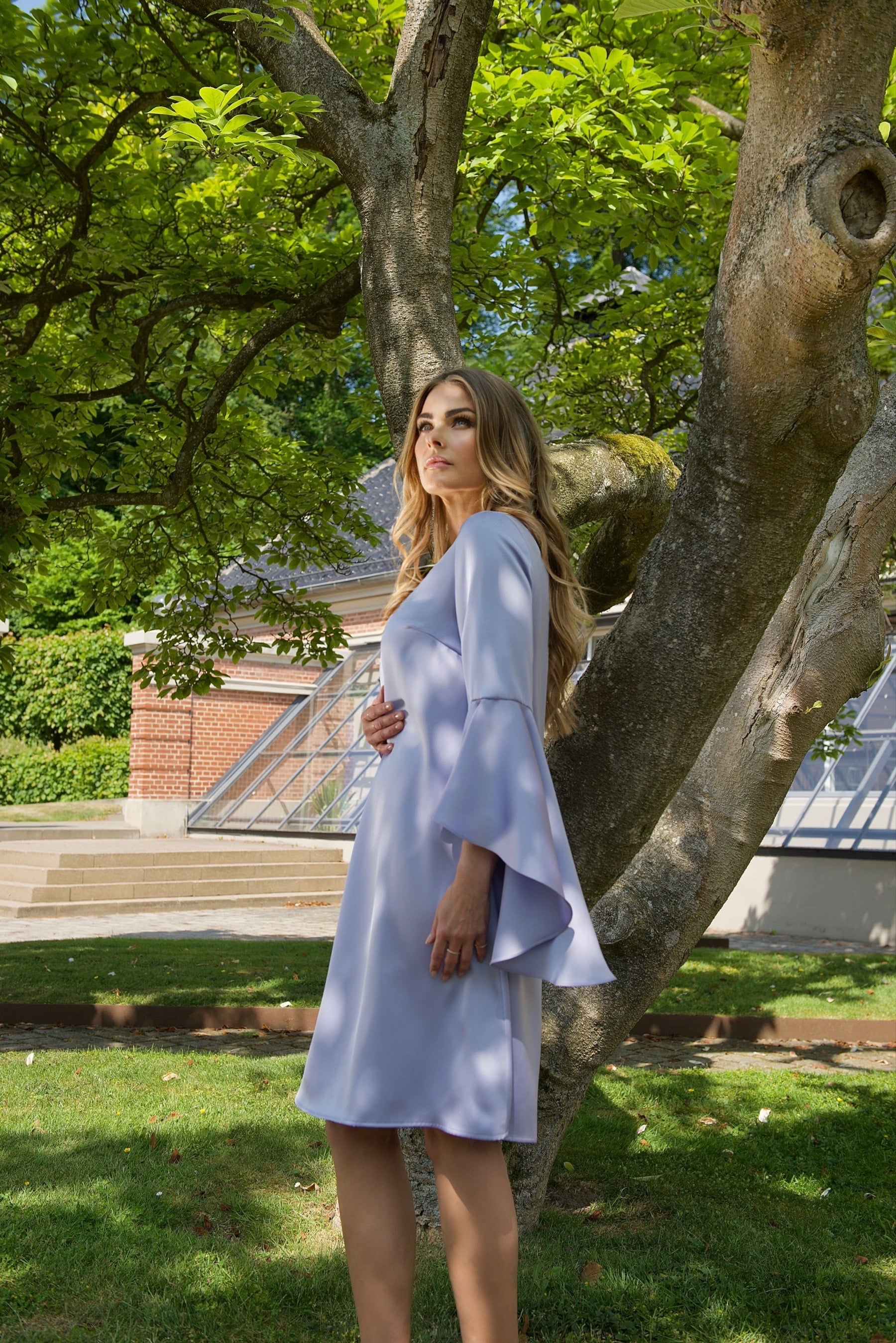 HANNAH (GRACEFUL) LAVENDER LOOSE SATIN DRESS WITH FLARE SLEEVES