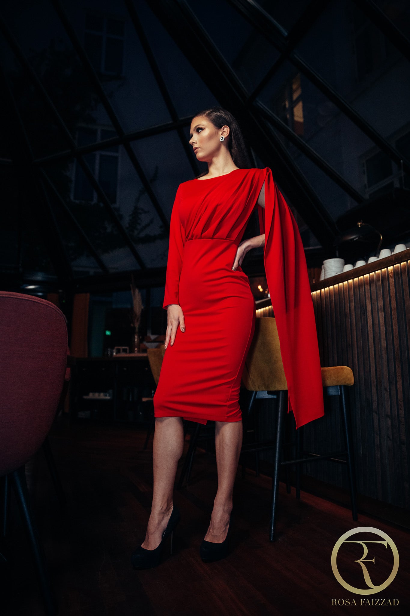 VALENCIA (STRONG) RED PLEAT ONE SLEEVE DRESS-DRESS-ROSA FAIZZAD