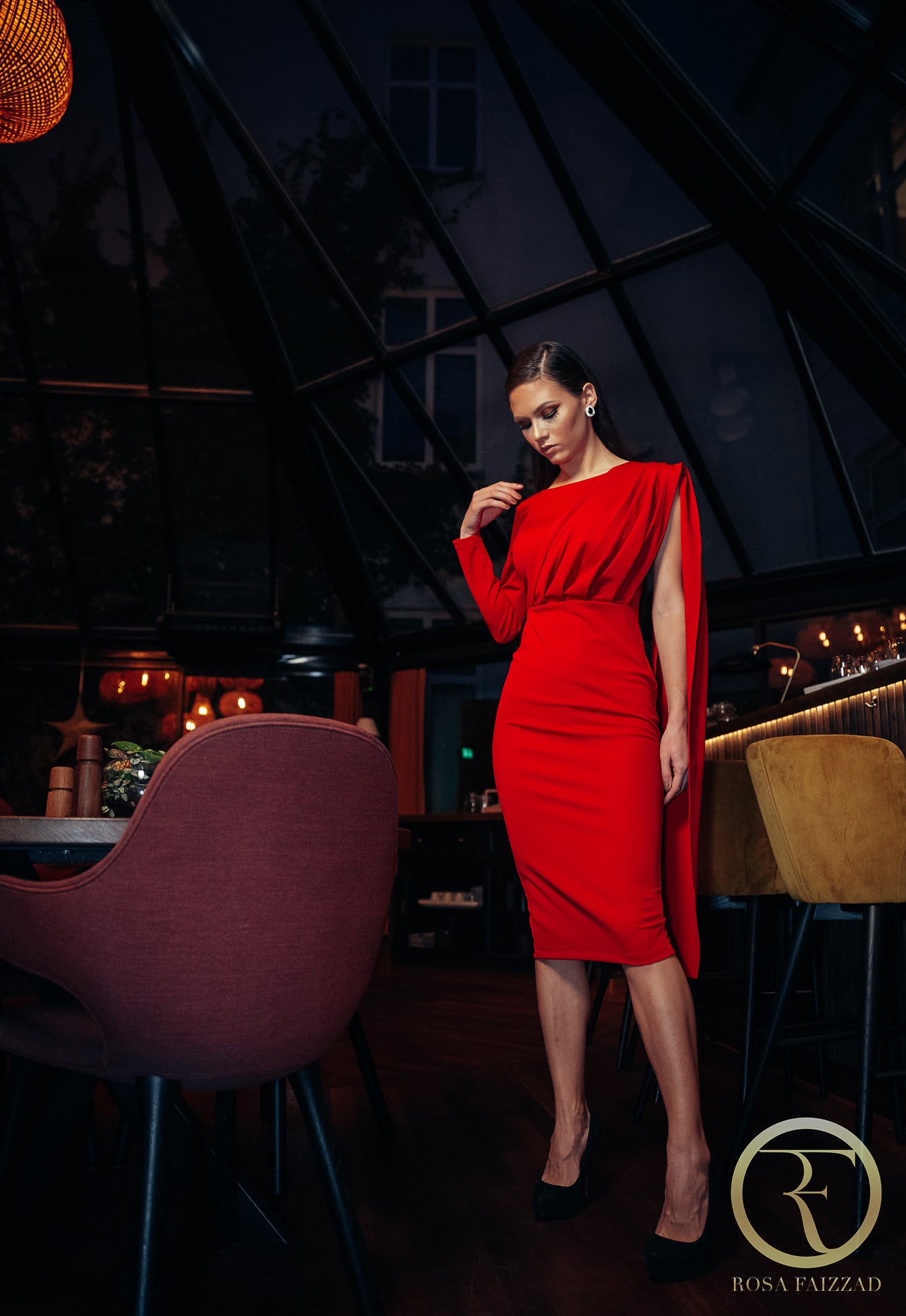 VALENCIA (STRONG) RED PLEAT ONE SLEEVE DRESS-DRESS-ROSA FAIZZAD