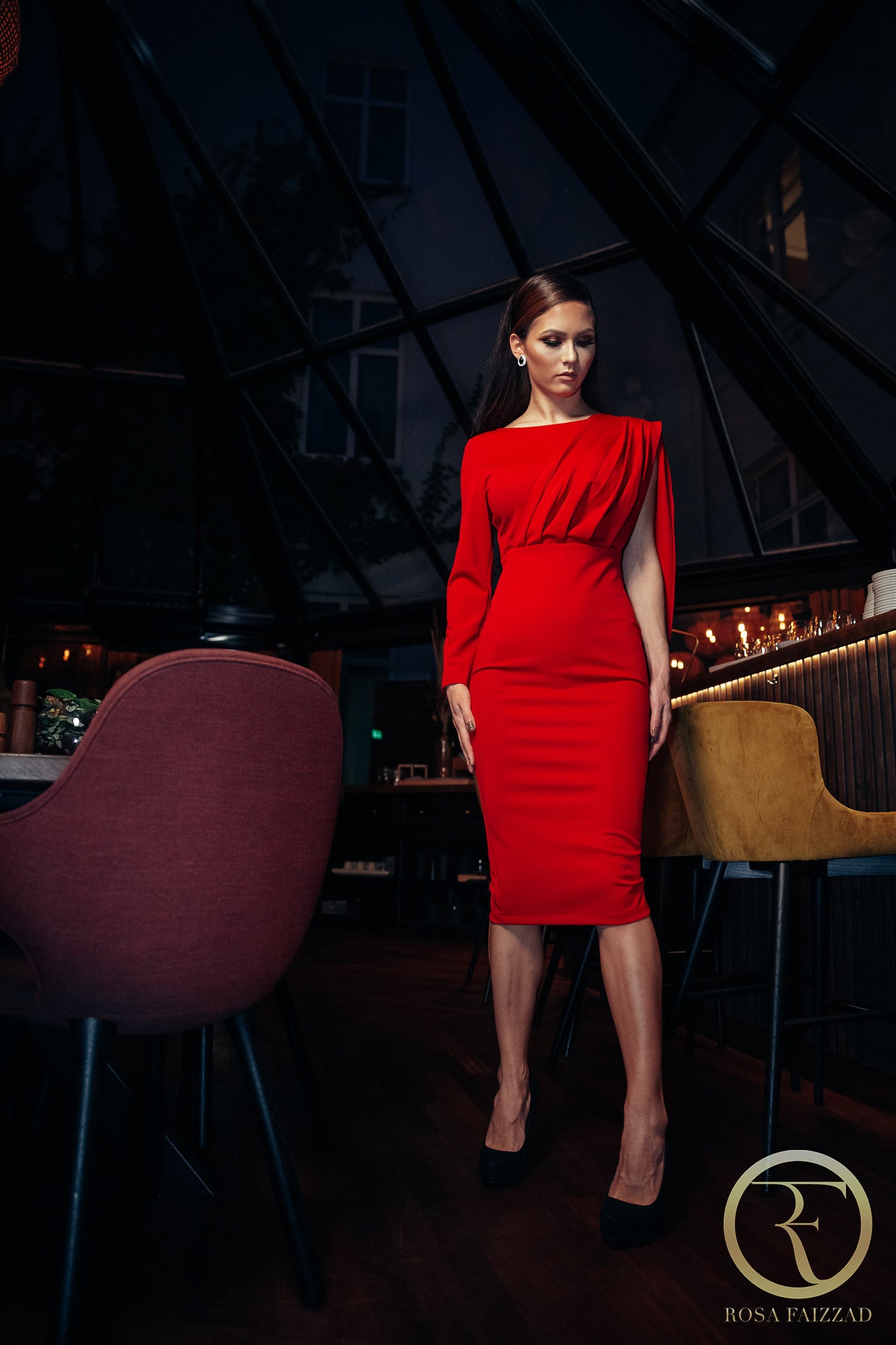 VALENCIA (STRONG) RED PLEAT ONE SLEEVE DRESS-DRESS-ROSA FAIZZAD