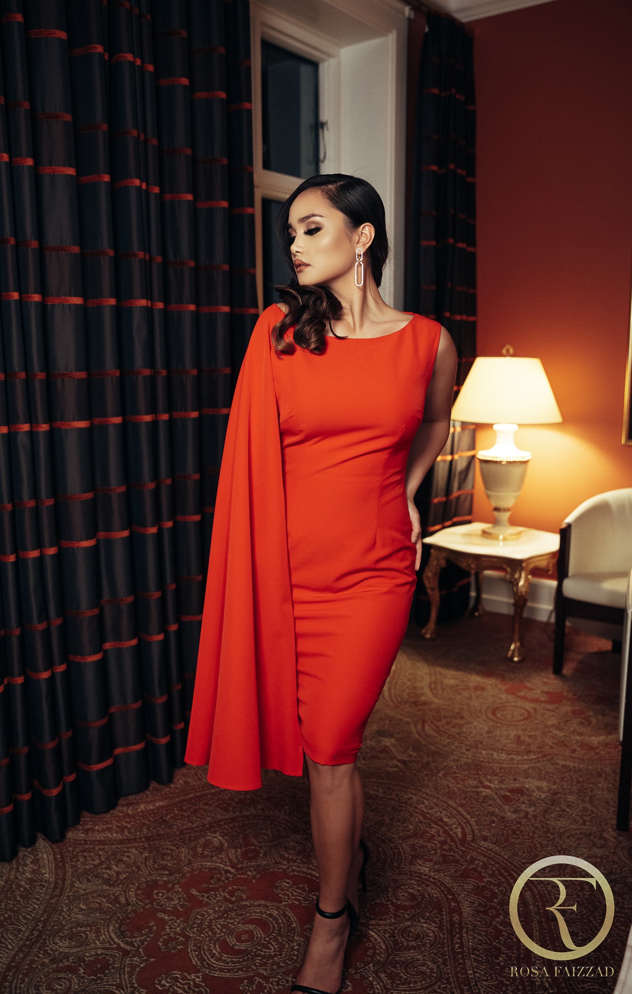 ZINAH (BEAUTY) RED SIDE CAPE W/ REMOVABLE BELT-DRESS-ROSA FAIZZAD