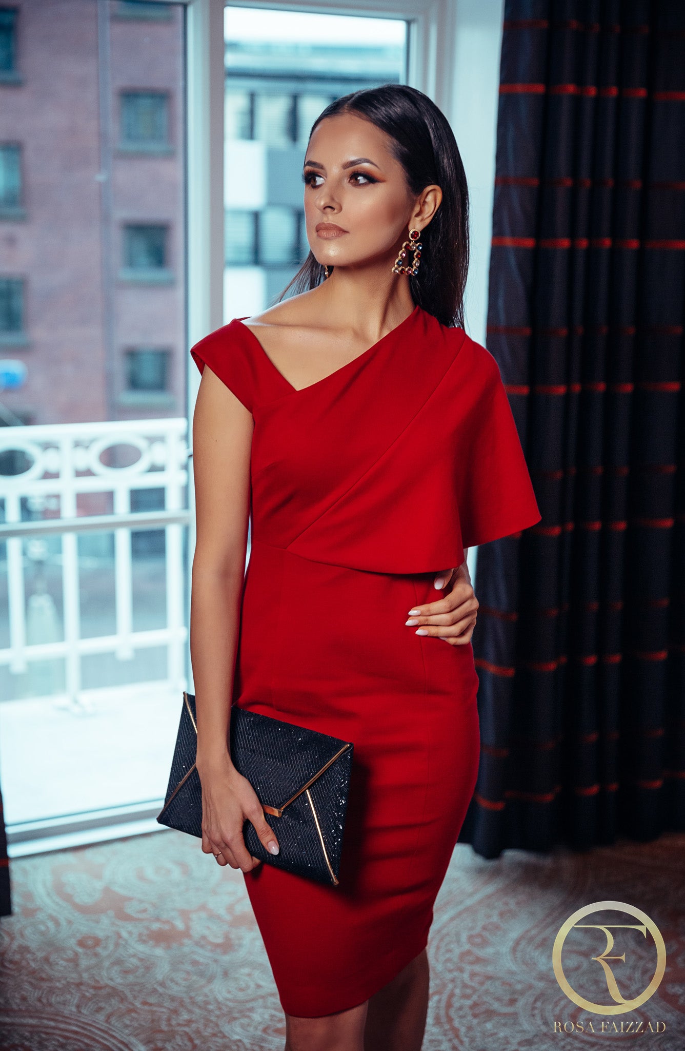 RUBY (GEM) RED SIDE CAPE BODYCON DRESS-DRESS-ROSA FAIZZAD