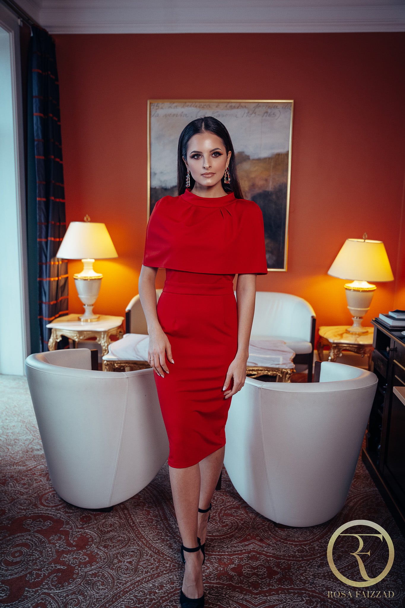 NAIA (PEACE) RED HIGH NECK CAPE DRESS-DRESS-ROSA FAIZZAD