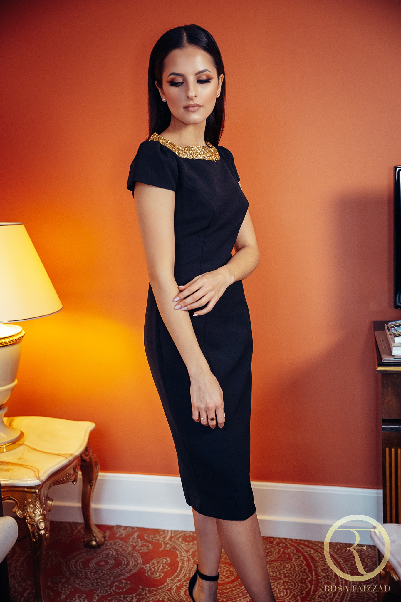 ALICE (DECENT) CLASSIC BLACK DRESS WITH GOLD DECORATION-DRESS-ROSA FAIZZAD