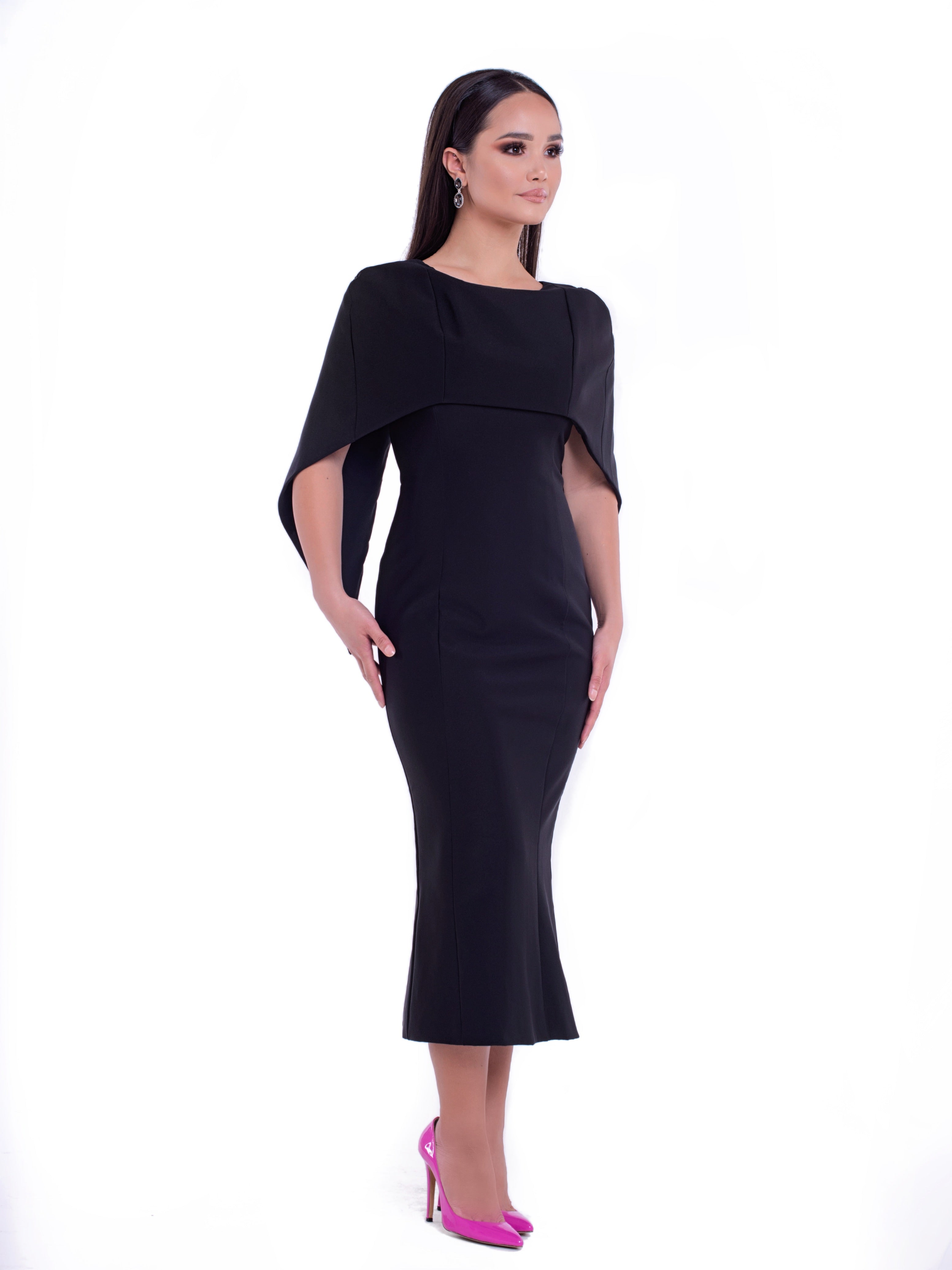 LIYANA (SOFT) BLACK MID CALF CAPE DRESS-DRESS-ROSA FAIZZAD