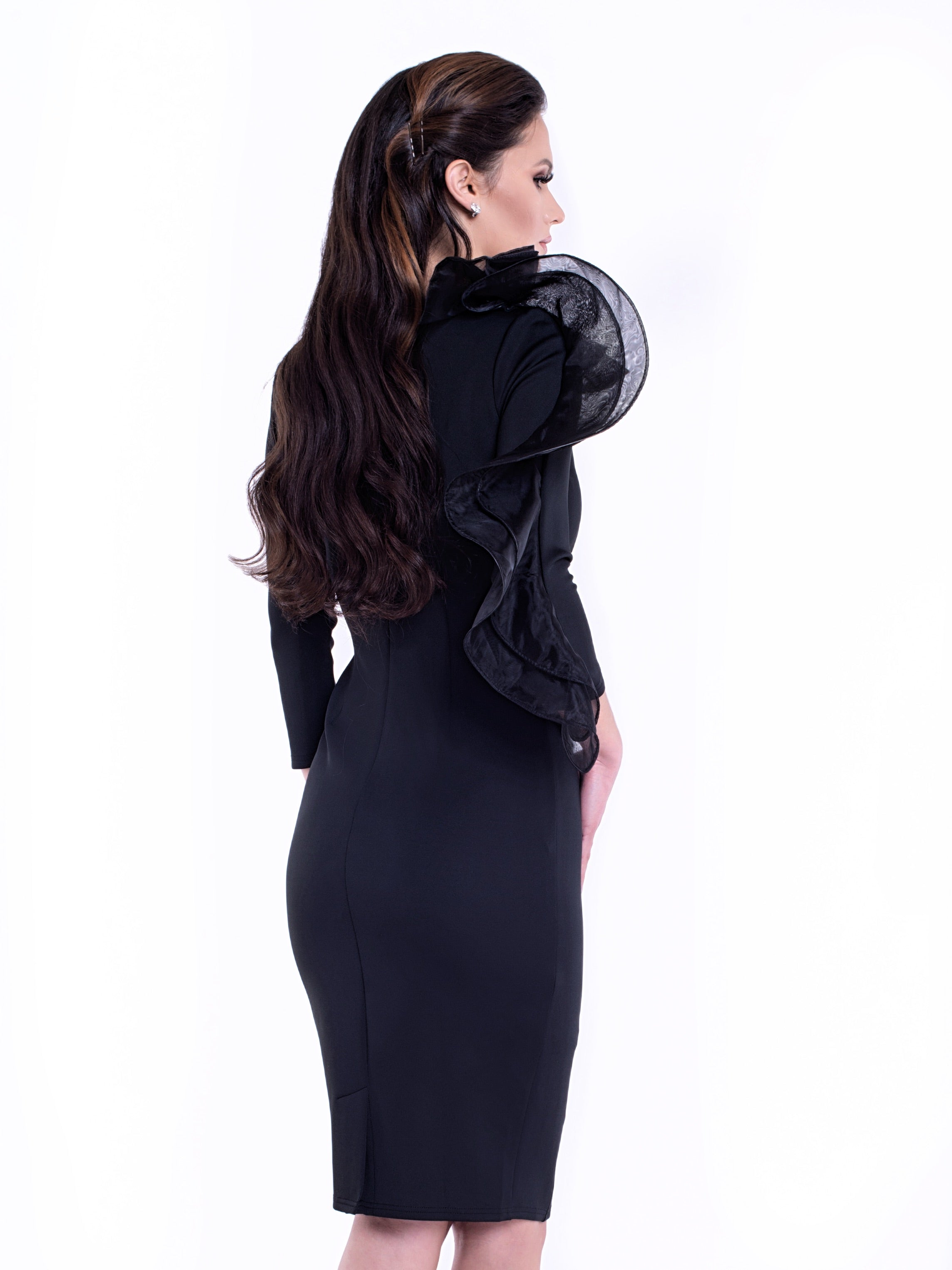 ZARA (BEAUTIFUL FLOWER) CLASSY BLACK DRESS W/ BOW RUFFLE & BROOCH-DRESS-ROSA FAIZZAD