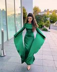 YARA (BUTTERFLY) BASIL GREEN LONG FLARE SLEEVED SATIN GOWN