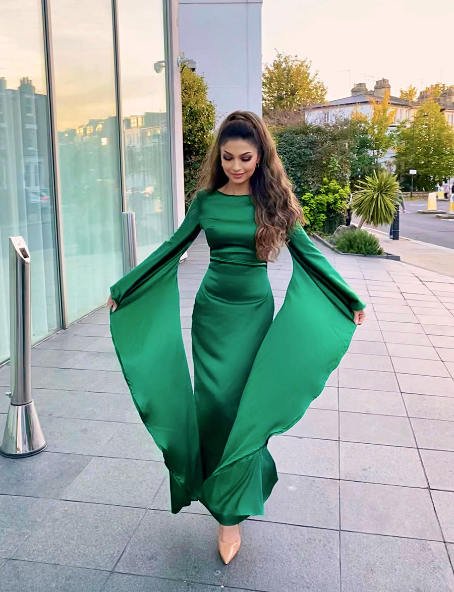 YARA (BUTTERFLY) BASIL GREEN LONG FLARE SLEEVED SATIN GOWN