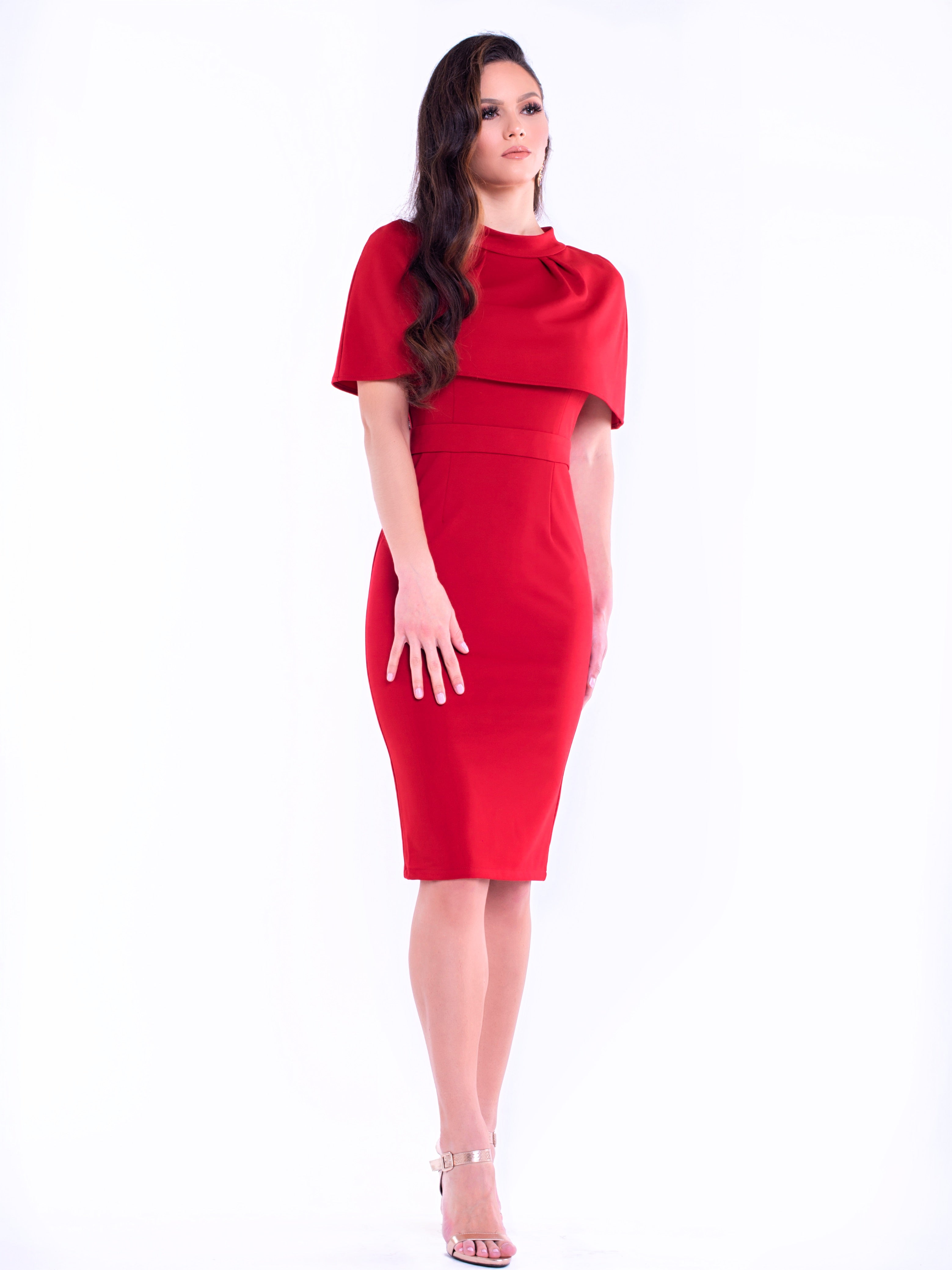 NAIA (PEACE) RED HIGH NECK CAPE DRESS-DRESS-ROSA FAIZZAD