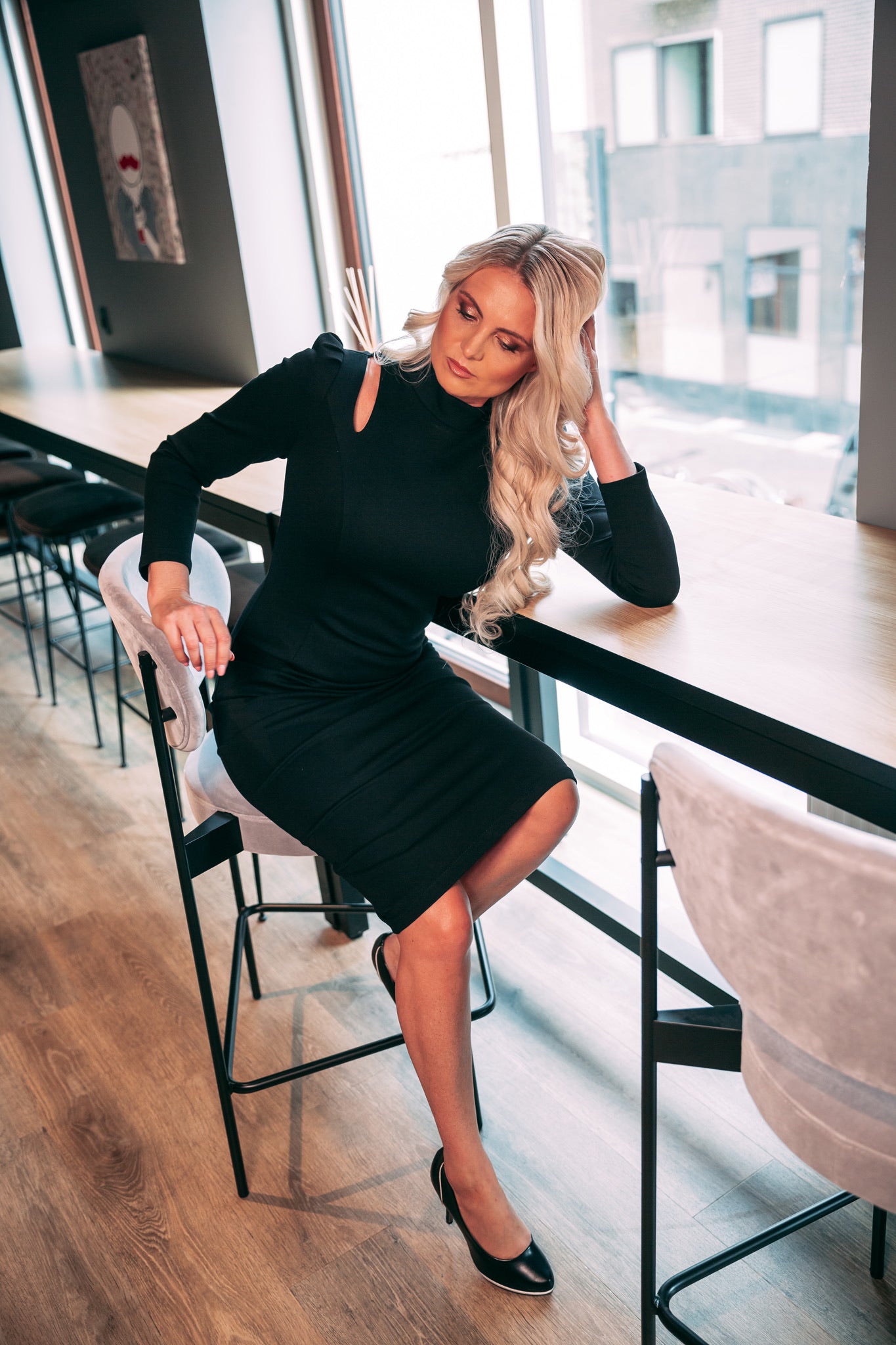 NAILA (SUCCESSFUL) BLACK HIGH NECK W/ CUT OUT DETAIL & PUFFY SHOULDER-DRESS-ROSA FAIZZAD