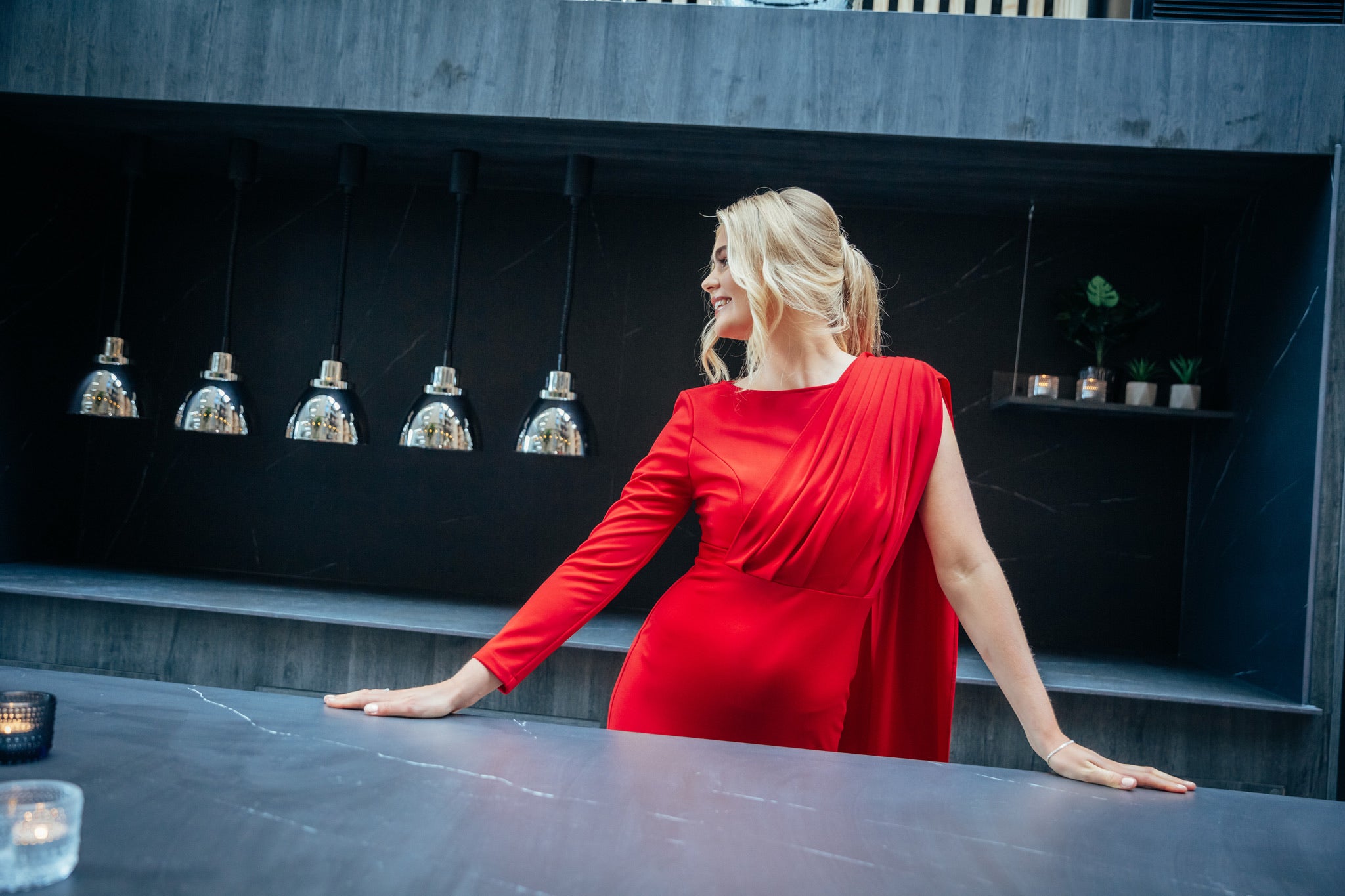 VALENCIA (STRONG) RED PLEAT ONE SLEEVE DRESS-DRESS-ROSA FAIZZAD