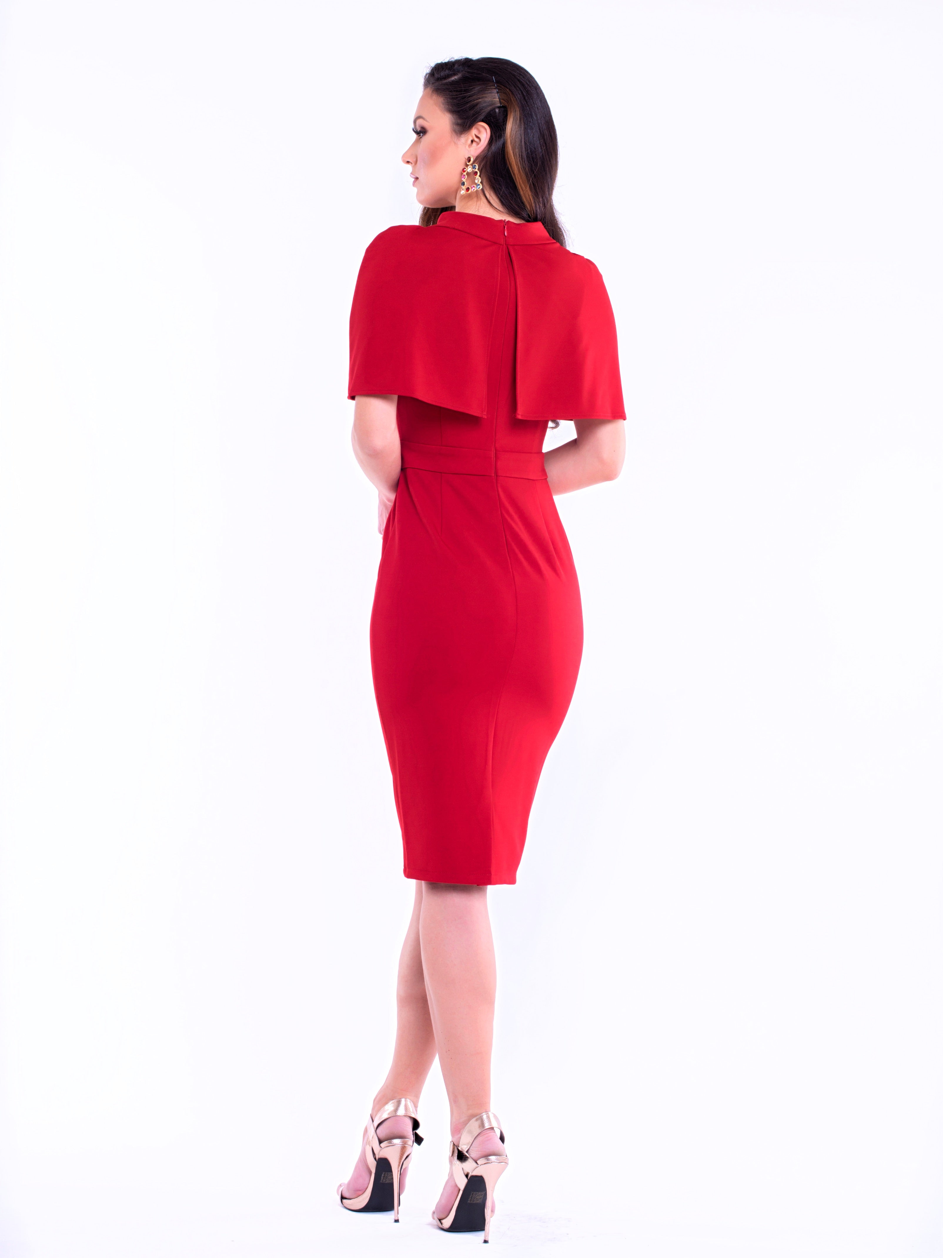 NAIA (PEACE) RED HIGH NECK CAPE DRESS-DRESS-ROSA FAIZZAD