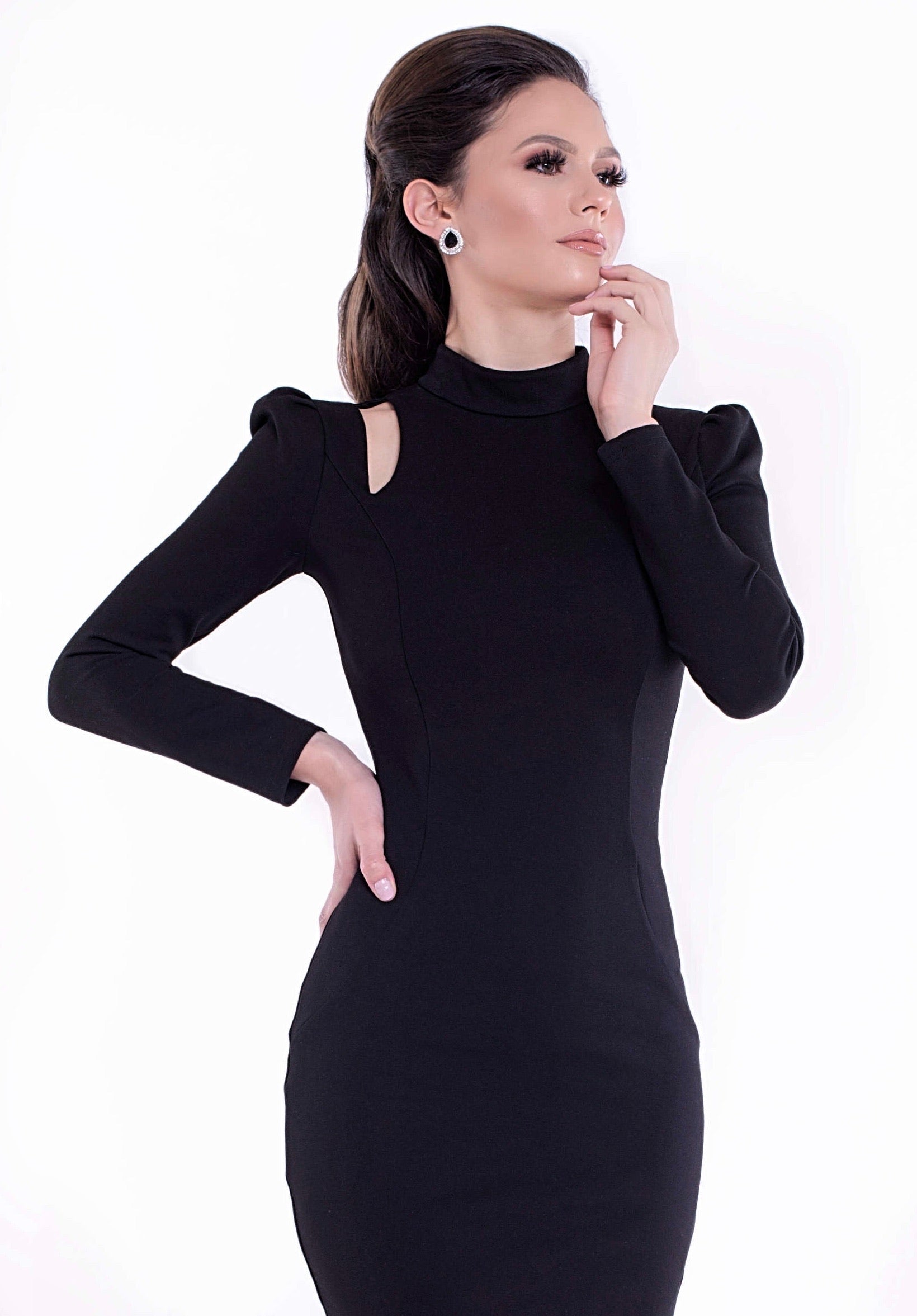 NAILA (SUCCESSFUL) BLACK HIGH NECK W/ CUT OUT DETAIL & PUFFY SHOULDER-DRESS-ROSA FAIZZAD