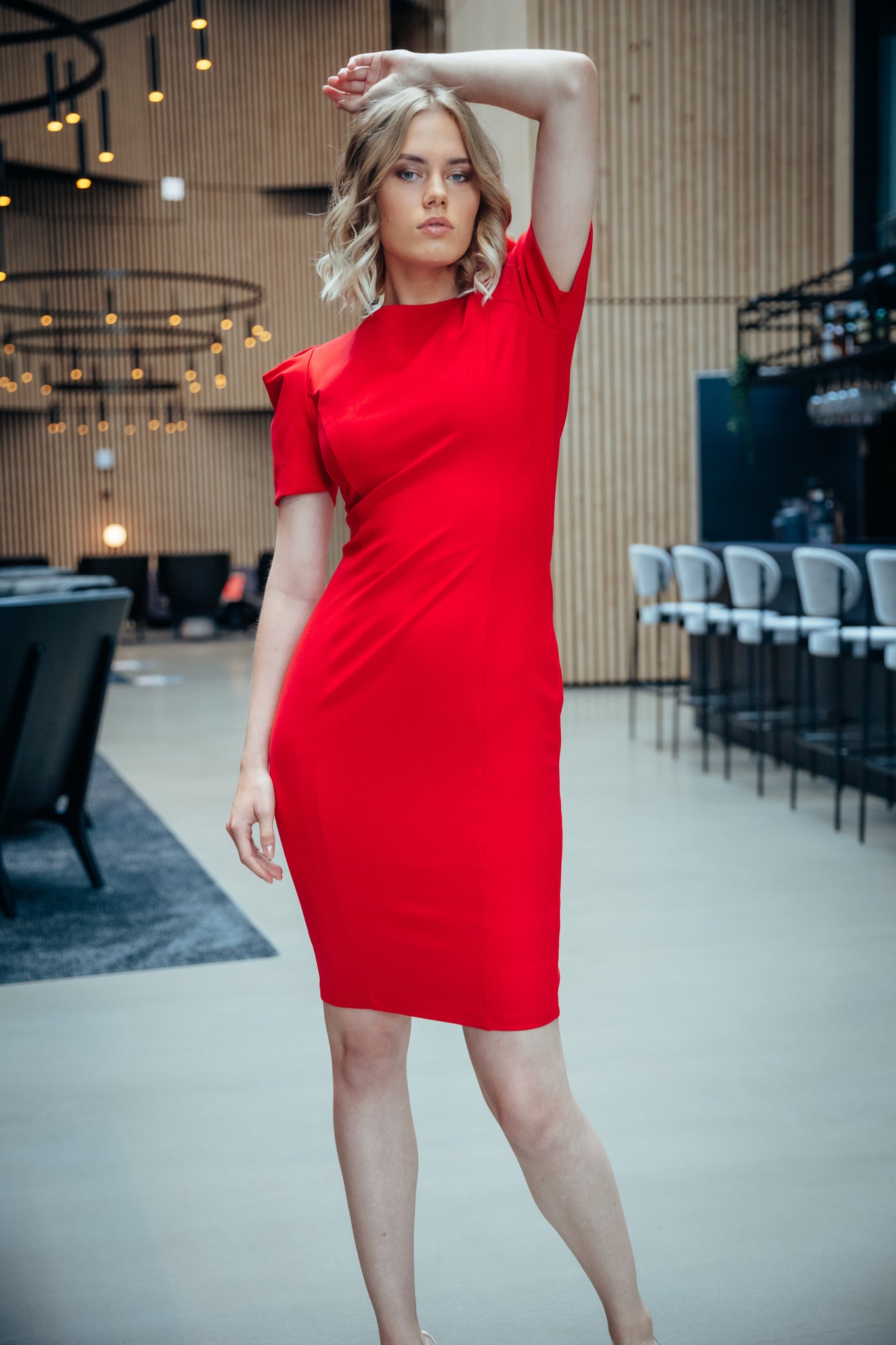 SUZAN (FIRE) RED STRUCTURED SHOULDERS BODYCON DRESS-DRESS-ROSA FAIZZAD