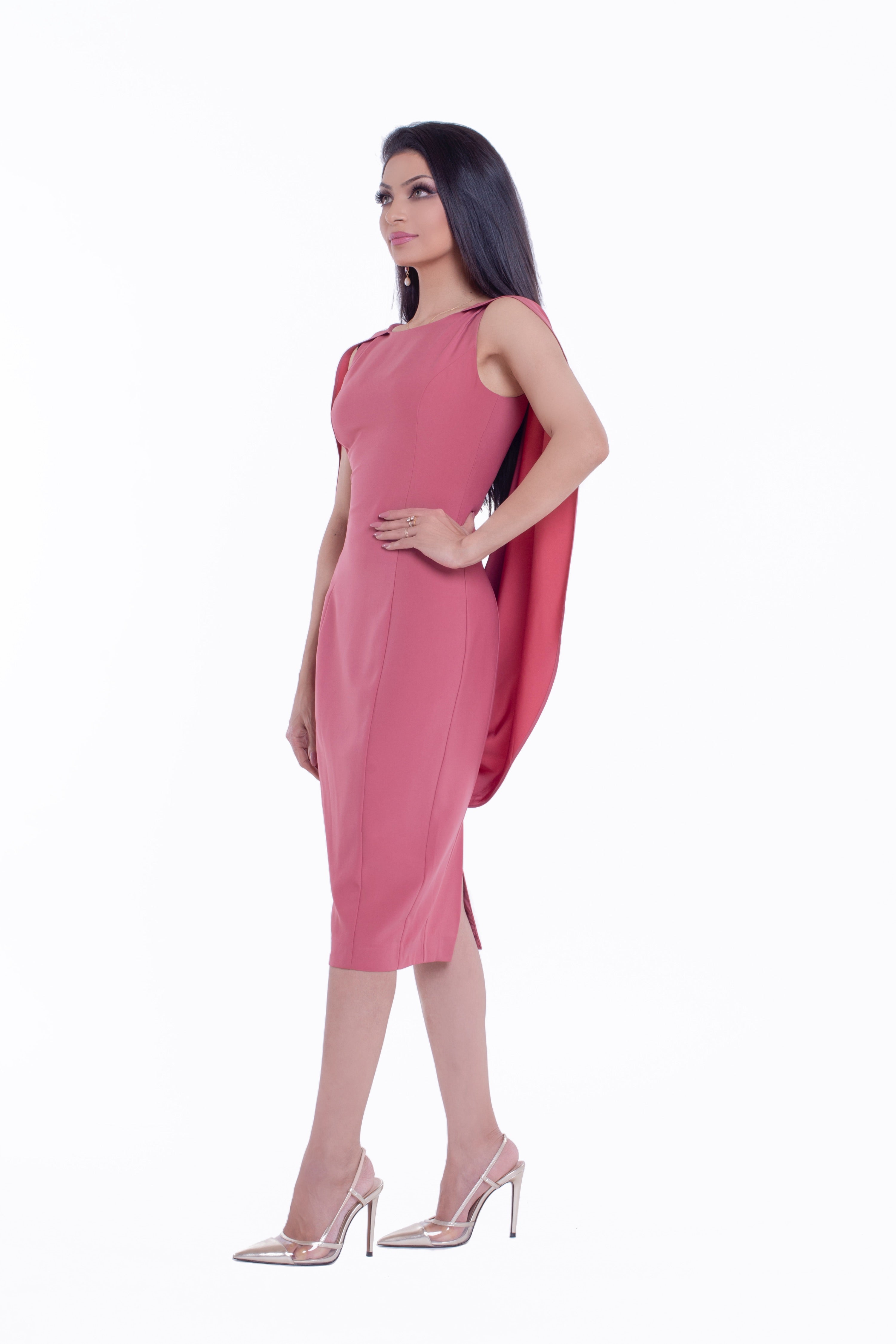 JIANA (BLESSING) CORAL COWL CAPE COCKTAIL DRESS-DRESS-ROSA FAIZZAD
