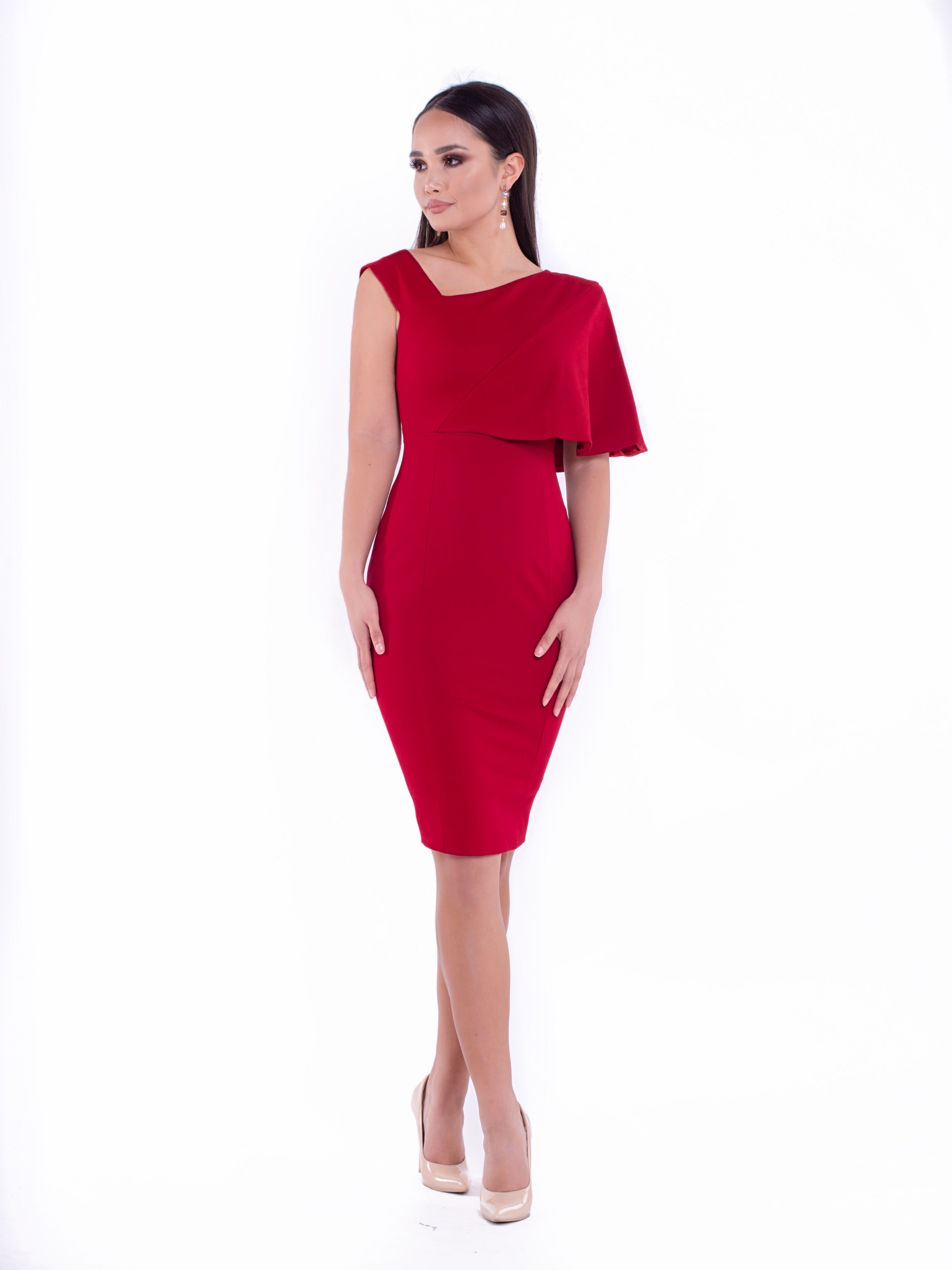 RUBY (GEM) RED SIDE CAPE BODYCON DRESS-DRESS-ROSA FAIZZAD