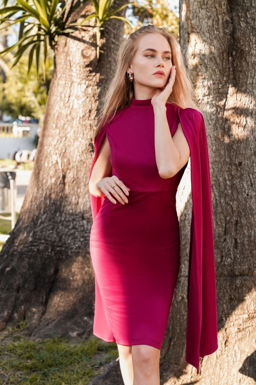 KIANA (DIVINE) MAGENTA HIGH NECK CAPE DRESS