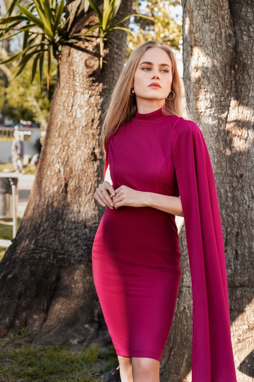 KIANA (DIVINE) MAGENTA HIGH NECK CAPE DRESS