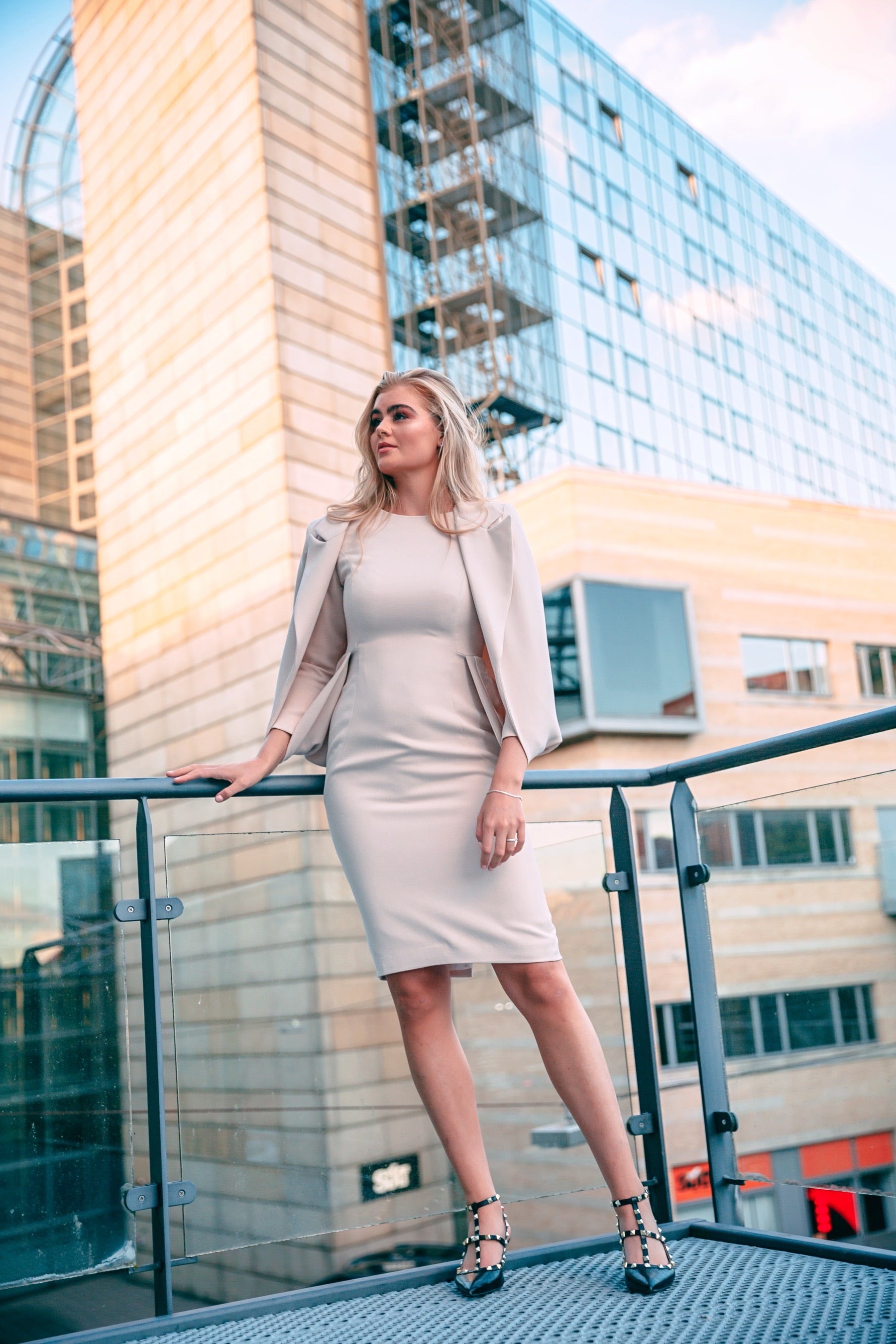 ANA (PRESTIGIOUS) AN EXCLUSIVE IVORY DRESS WITH ATTACHED CAPE BLAZER-DRESS-ROSA FAIZZAD