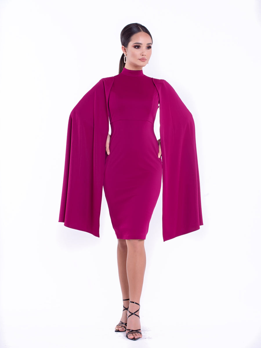 KIANA (DIVINE) MAGENTA HIGH NECK CAPE DRESS-DRESS-ROSA FAIZZAD