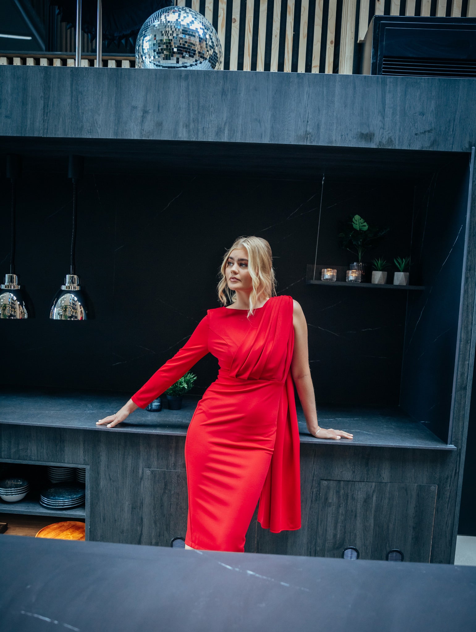 VALENCIA (STRONG) RED PLEAT ONE SLEEVE DRESS-DRESS-ROSA FAIZZAD