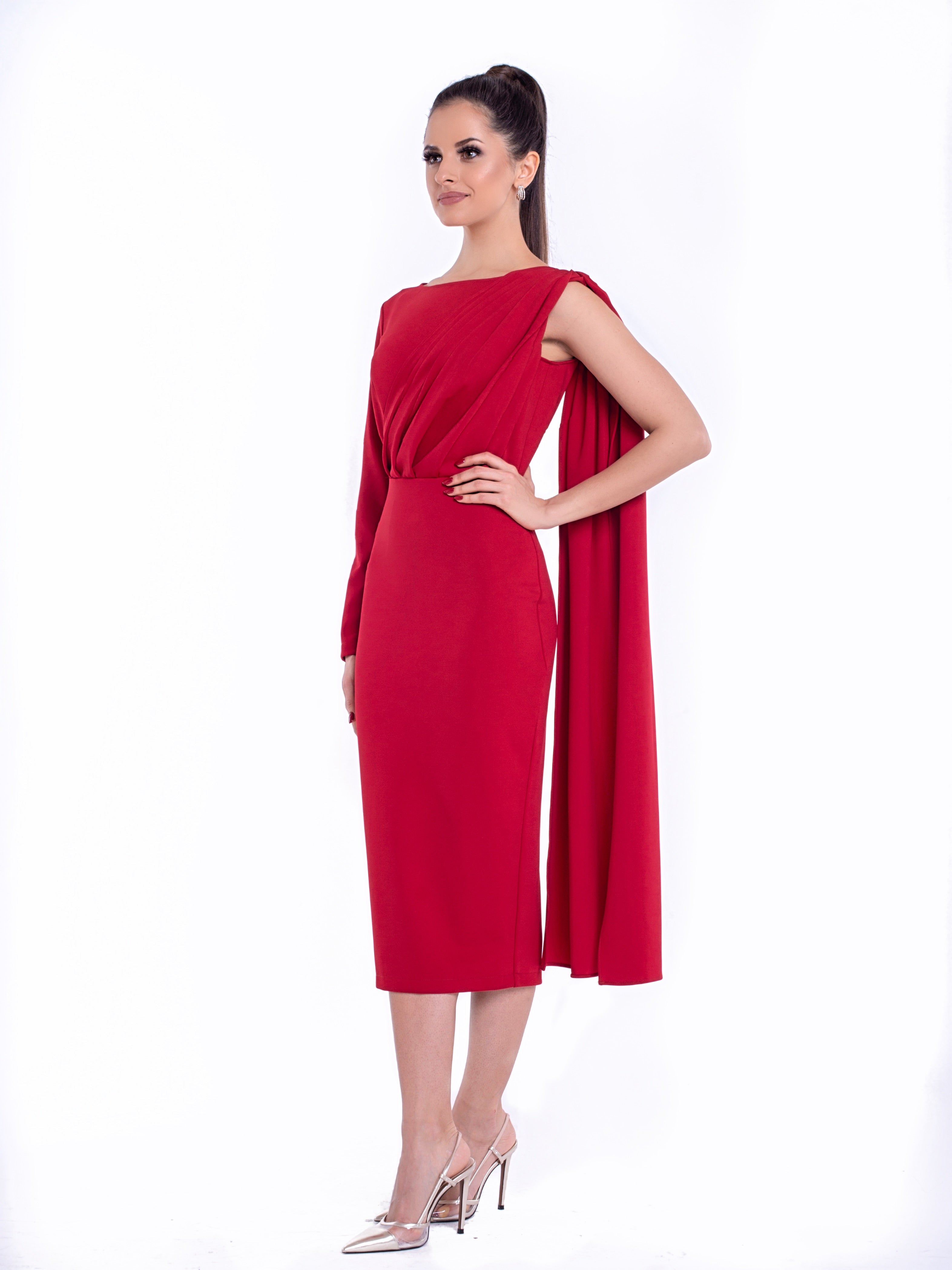 VALENCIA (STRONG) RED PLEAT ONE SLEEVE DRESS-DRESS-ROSA FAIZZAD