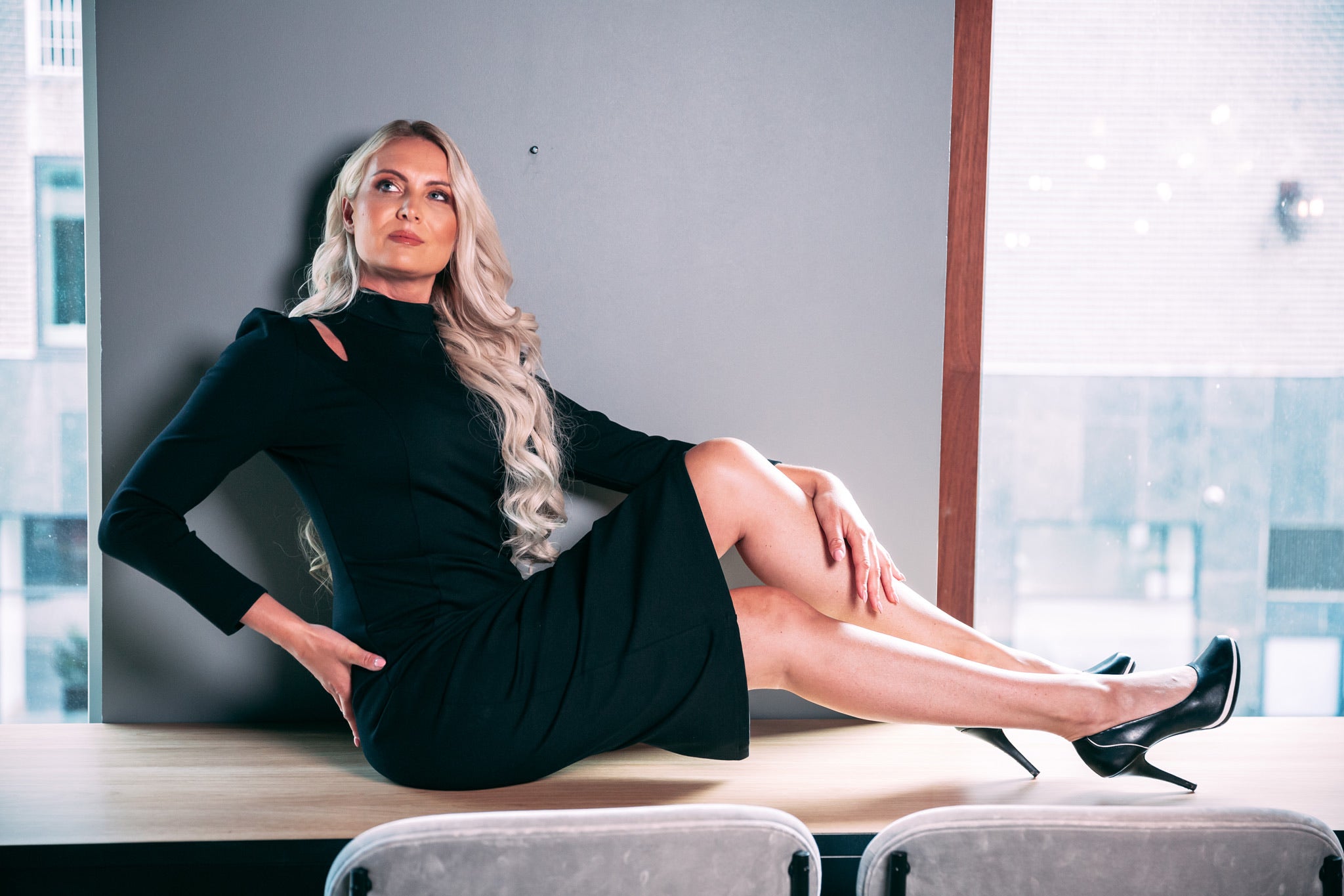 NAILA (SUCCESSFUL) BLACK HIGH NECK W/ CUT OUT DETAIL & PUFFY SHOULDER-DRESS-ROSA FAIZZAD