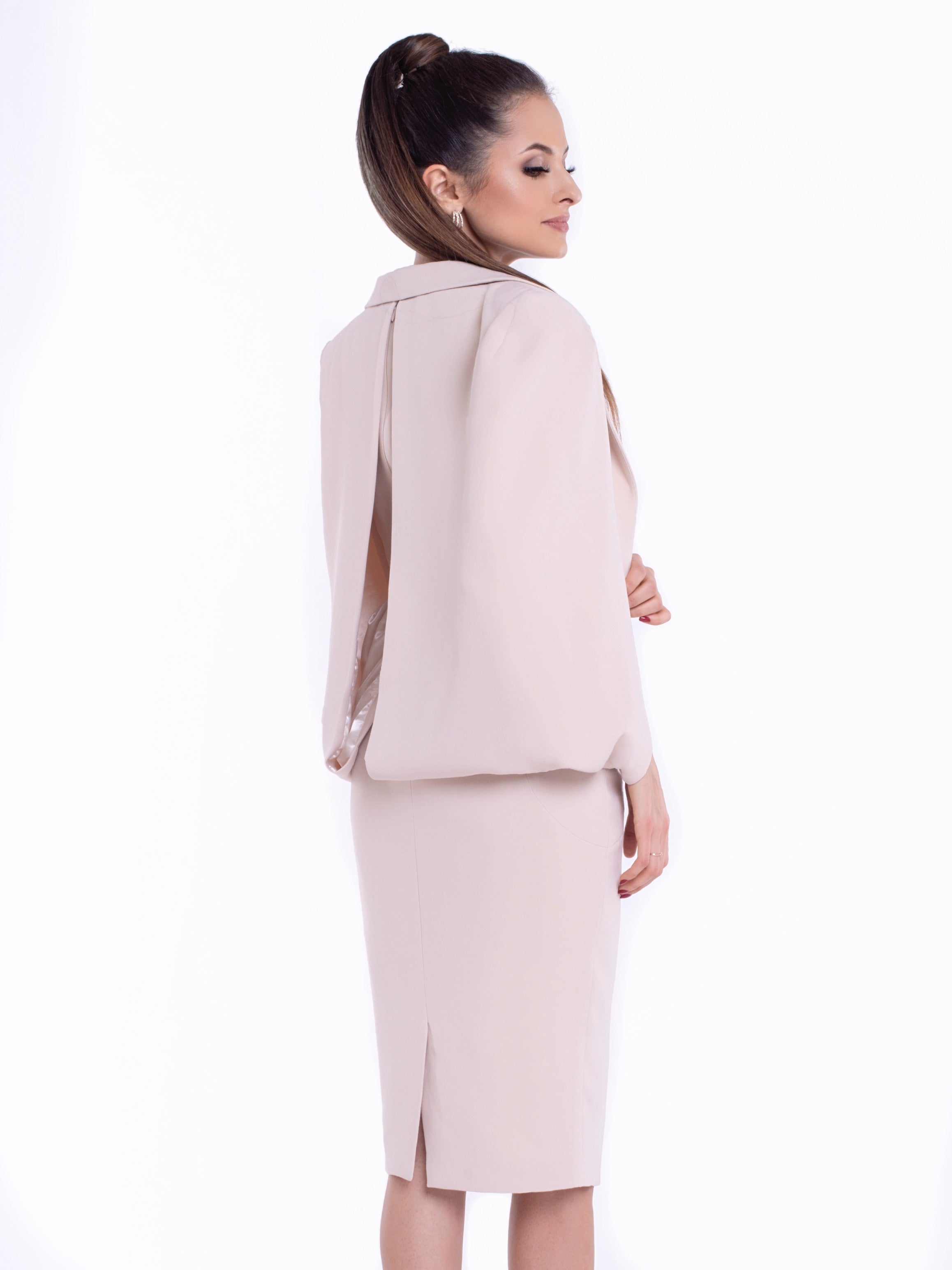 ANA (PRESTIGIOUS) AN EXCLUSIVE IVORY DRESS WITH ATTACHED CAPE BLAZER-DRESS-ROSA FAIZZAD